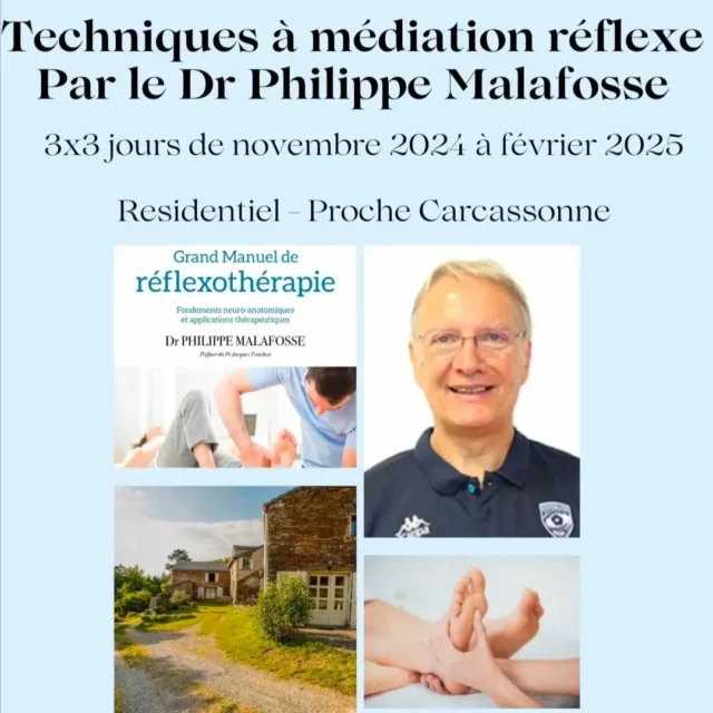 Promo 2024/2025
Reste quelques places pour participer à cette formation unique en France.
Animé par le Dr Philippe Malafosse auteur du grand manuel de reflexotherapie.
Un post gradué exceptionnel qui vous amènera une base solide sur la compréhension du corps humain et sur la pratique des différentes techniques réflexes.
formation-reflexologie.eu
dlgtoulouse@gmail.com 
06 63 39 36 23
Formation finançable par votre opco
En résidentiel proche de Carcassonne 
#formationprofessionnelle #reflexotherapie #reflexologie #reflexologue #bourdiol #formationreflexologie